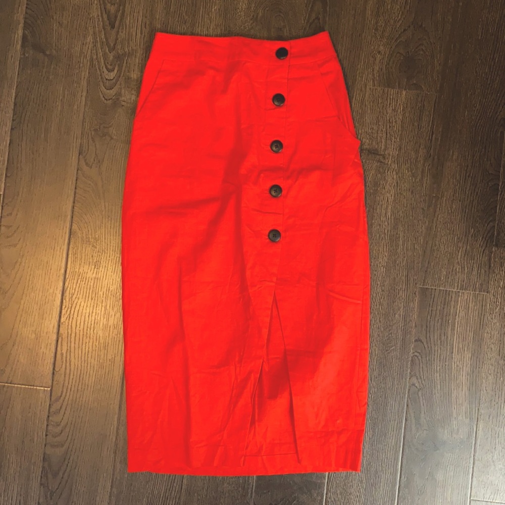 Orange linen button skirt - midi below knee